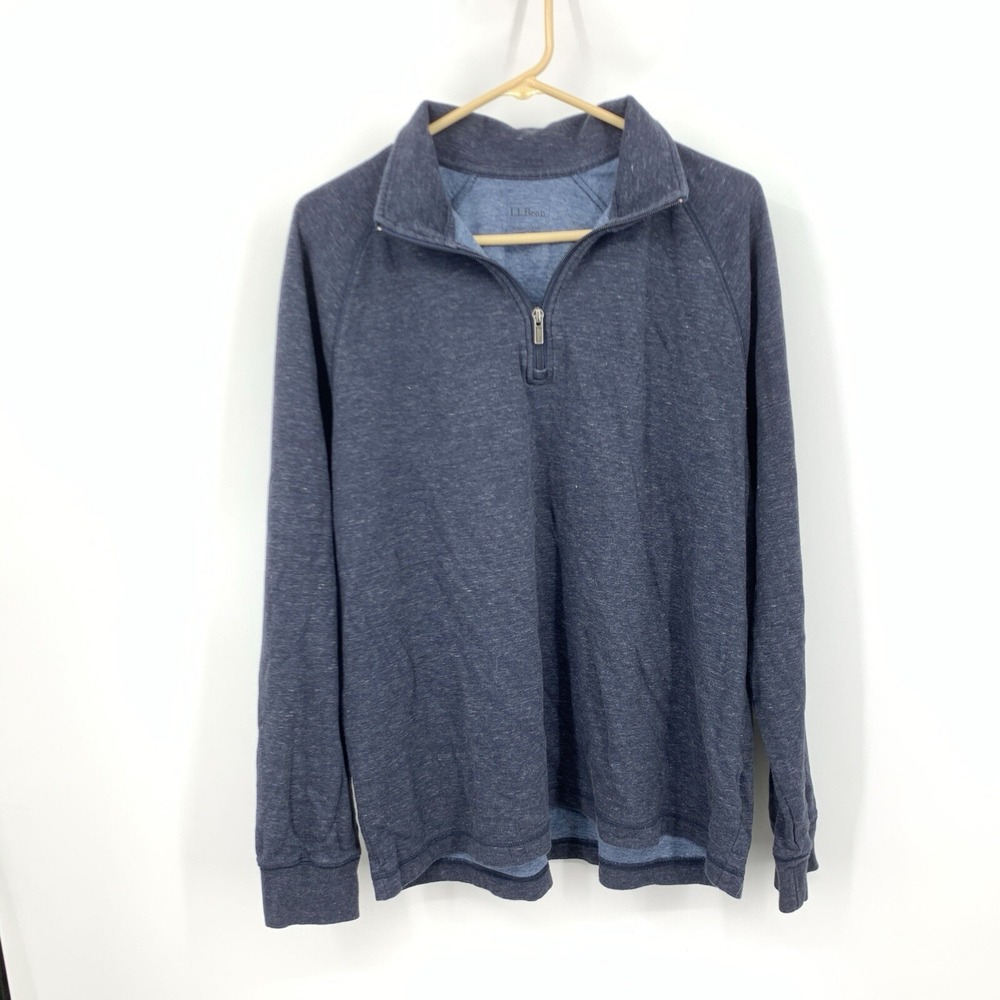 LL Bean Men Size Large Pullover 1/4 Zip Sweater Top Blue Cotton Blend Shirt